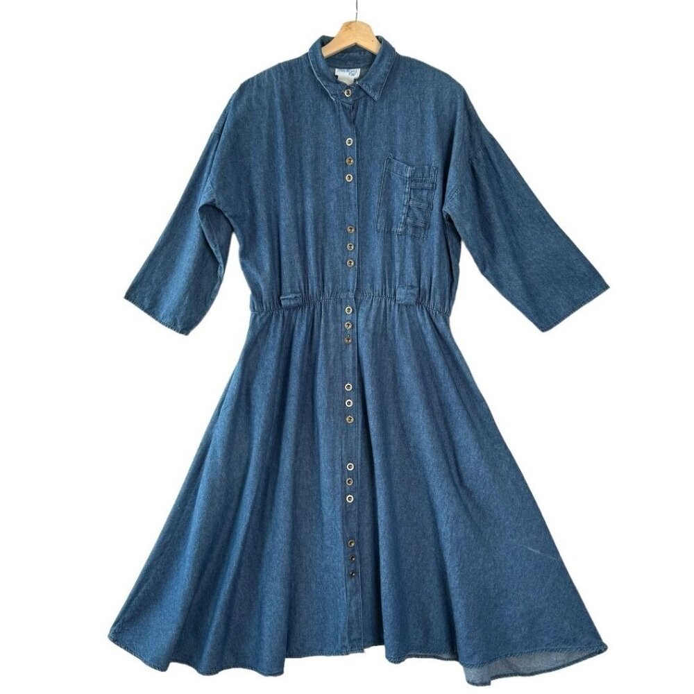 80s Vintage Bedford Fair Bracelet Sleeve Elastic Waist Denim Midi Dress Size L